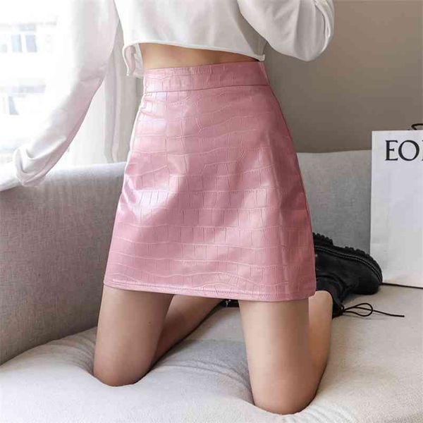 

summer ladies solid black pink embossed pu leather short skirt female faux a-line 210513