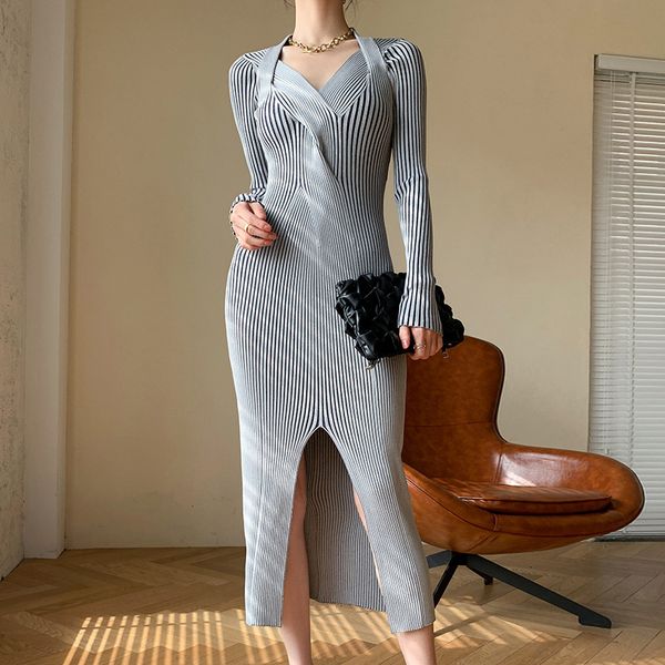 

spring fall chic twist design v-neck halter bodycon split sheath knitted dress fashion striped sweater 210525, Black;gray