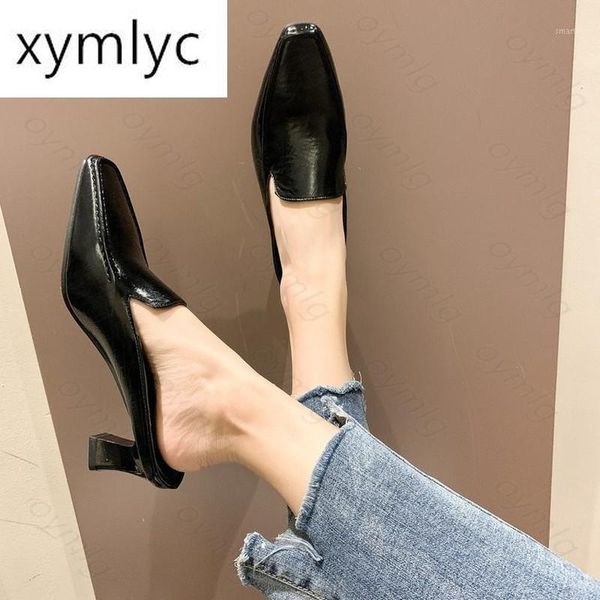 

dress patent slippers women heels shoes pointed toe female summer fashion slides metal block heel ladies slip on loafers 20211, Black