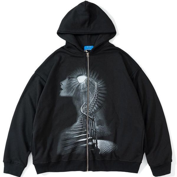 

men's hoodies & sweatshirts men harajuku gothic anime hoodie jacket coats autumn oversized cotton full zipper loose fleece pullo, Black