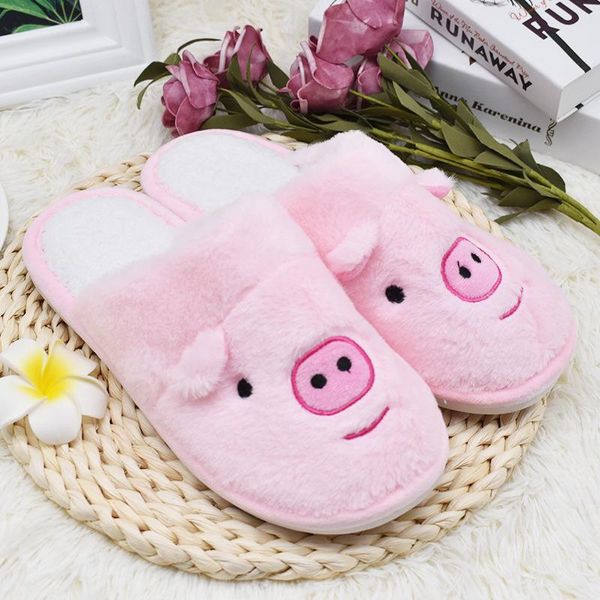 

winter men women home keep warm slippers lovely cartoon animal pig soft plush non-slip slipper couple indoor casual cotton shoes, Black