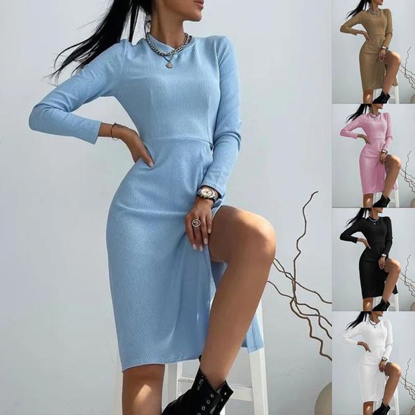 

casual dresses women's long sleeves high-neck elastic midi dress 2021 fashion elegant chic lady knit sweater women robe femme, Black;gray