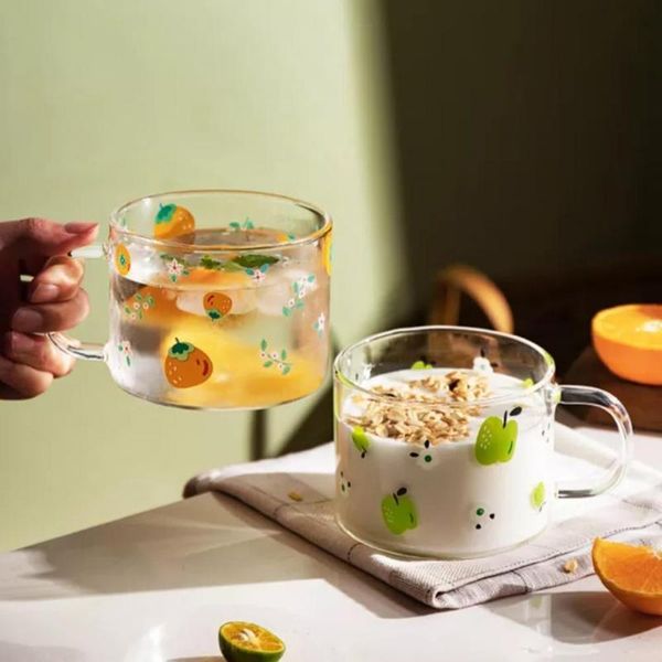 

wine glasses 500ml nordic style glass cup cartoon fruit print design coffee juice water cups with handle for office/home