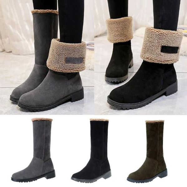 

boots nis women mid-calf slip on flats foldable ladies winter snow fur casual warm shoes round toe for, Black