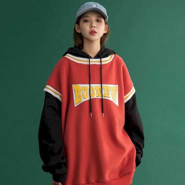

casual style hooded sweatshirt female student korea loose spring autumn stitching fake two-piece long-sleeved trend 210526, Black