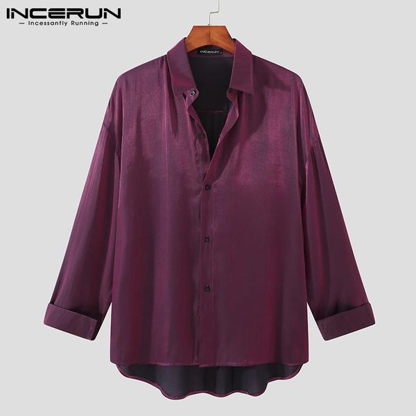 

men's casual shirts incerun 2021 men shirt solid color lapel long sleeve shiny streetwear button clothing fashion party nightclub camis, White;black