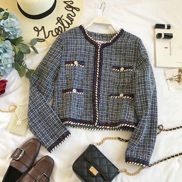 

women's wool & blends autumn winter 2021 fashionable small fragrance knitting contrast tweed short suit coat blend jacket cardigan, Black