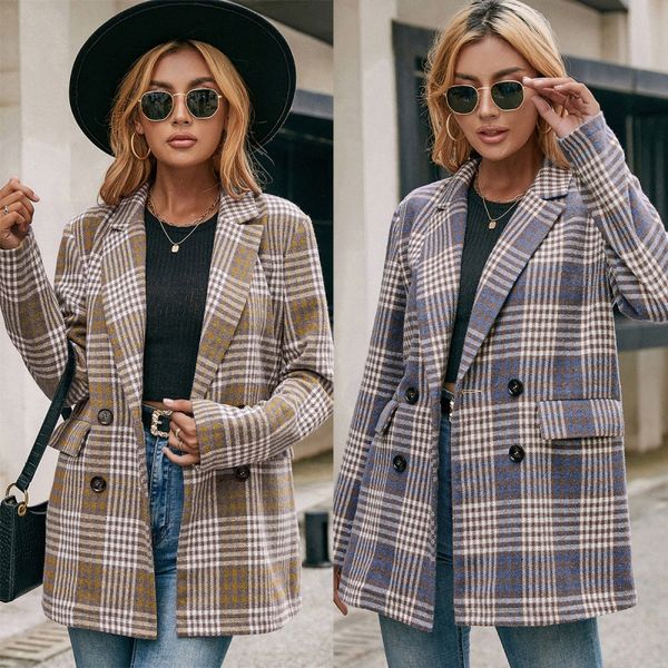 

double-breasted casual suit jacket loose plaid trench coat women, Tan;black
