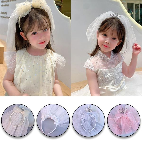

hair accessories headbands for kids girl princess hairbands yarn veil crown bow knot flower child korean handmade wholesale, Slivery;white