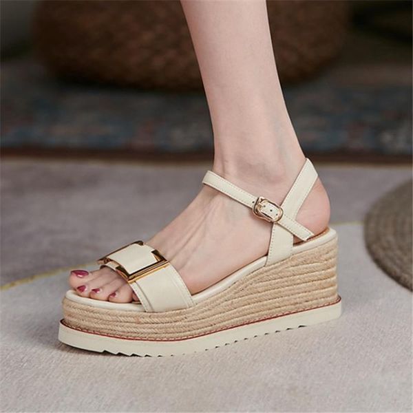 

sandals pxelena retro straw weaving wedge high heels platform women genuine leather comfort daily office lady shoes summer 2021, Black