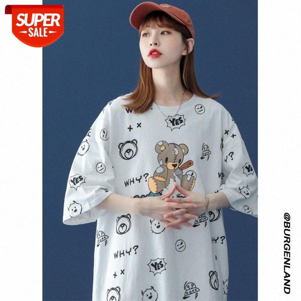 

short-sleeved shirt women's loose design sense niche five-point sleeves bear trendy baseball uniform men's #am8c, White