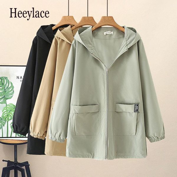 

women's jackets 2021 autumn casual hooded trench coat women cotton outwear solid female long sleeve pocket windbreaker plus size, Black;brown