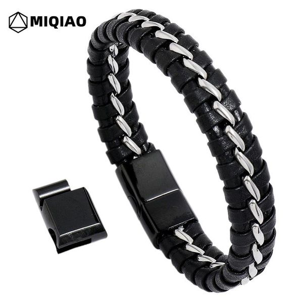 

fashion fine chain braided leather bracelet stainless steel magnet buckle simple punk retro hiphop w562 charm bracelets, Golden;silver