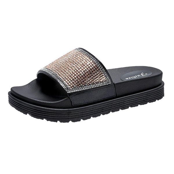 

glitter slides shoes woman 2021 slippers casual pantofle med jelly luxury summer flat basic fabric pu crystal rubber, Black