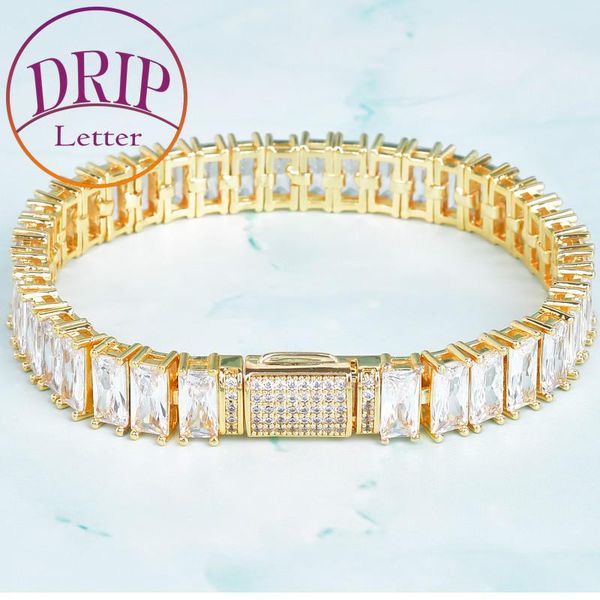 

9mm baguette zircon bracelet chain men's trendy cool hip hop link gold color plated copper bling rock jewelry link,, Black