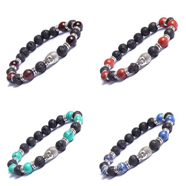 

charm bracelets 8 colors natural stone 8mm lava rock beads strand bracelet buddha head energy yoga lucky men, Golden;silver