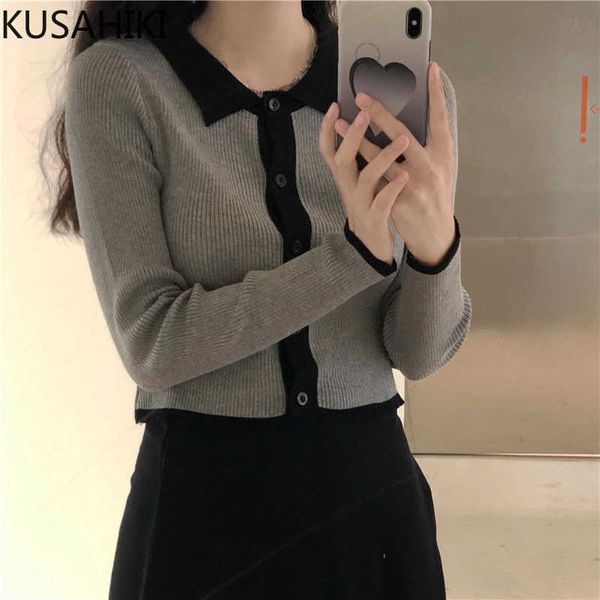 

kusahiki cardigan sweater women spring knitted coat korean hit color patchwork turn-down collar short knitwear 6e668 210602, White