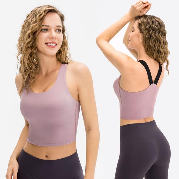 

yoga outfit fitness crop women tight elasticity soft nylon sports bras v strappy back running tank gym with removable pads