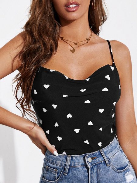 

heart print cowl neck cami b4bm#, White