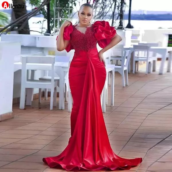 Elegante Rote Puffy Kurzarm Prom Kleider Meerjungfrau O Neck Abend Party Kleider Plus Größe Afrikanische Frauen Robe De Ehe WJY591