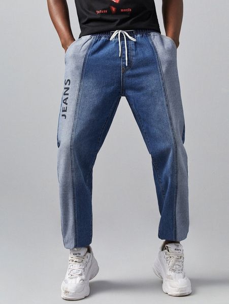 

romwe guys letter drawstring jeans 94ae#, Blue