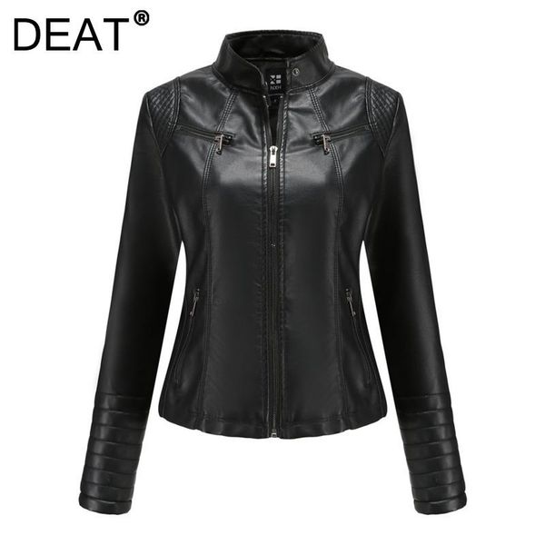 

women's leather & faux [deat] 2021 autumn fashion tide coat long sleeve stand-up collar solid color loose pu jacket women 13z974, Black