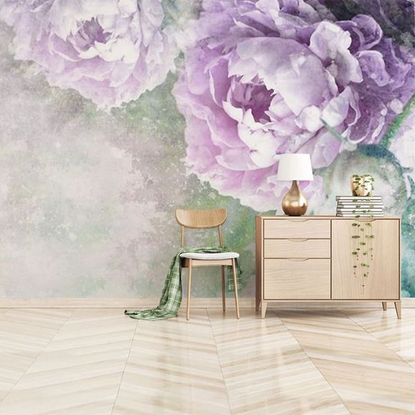 Carta da parati murale personalizzata 3D Dipinto a mano Acquerello Fiori viola Pittura murale Soggiorno Camera da letto Romantico Papel De Parede 3 D