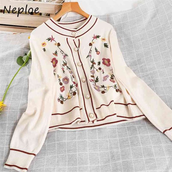 

neploe flower embroidery loose knit cardigans sweater women o neck long sleeve single breast pull femme coat spring sueter 210423, White