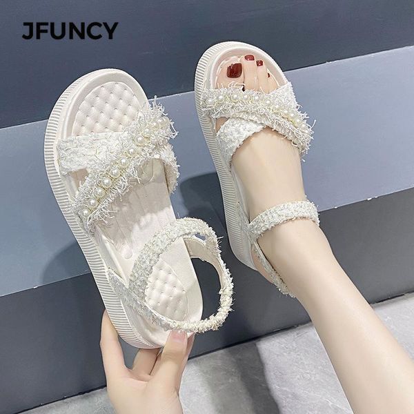 

sandals jfuncy summer thick bottom women's female fashion pearl ankle strap platform shoes woman outdoor beach women sandal, Black