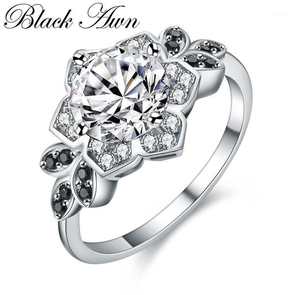 

cluster rings [black awn] genuine 2.8g 925 sterling silver jewelry flower wedding for women engagement ring femme bijoux bague c1511, Golden;silver