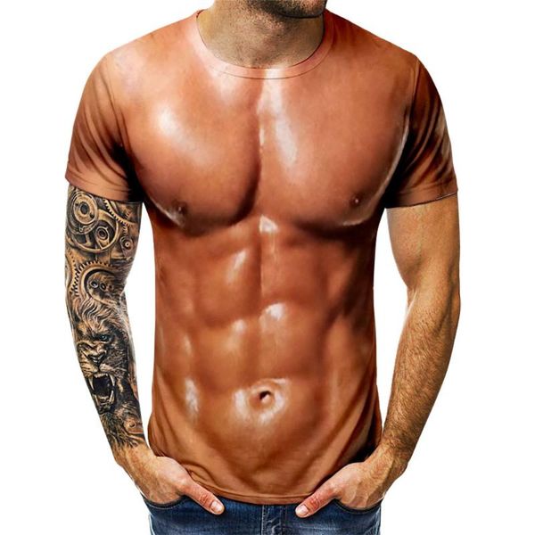 

men's t-shirts 3d t-shirt bodybuilding simulated muscle tattoo casual nude skin chest tee shirt funny short-sleeve clothes, White;black