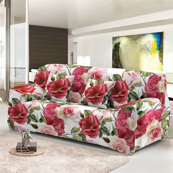 Flores Rose Sofá à prova de poeira Soft Cover Stretch Corner Capas Capas 1/2/3/4 Seater Lavável Slipcovers para sala de estar Decoração 211207