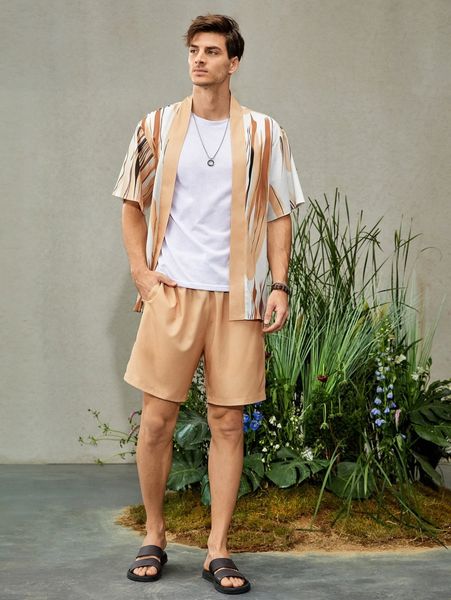 

men brush print kimono & shorts y00f#, Gray
