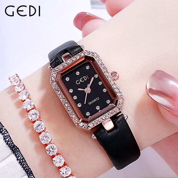 

wristwatches gedi luxury women quartz wrist watch leather strap retro rectangle ladies rhinestone watches waterproof, Slivery;brown