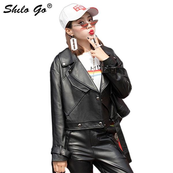 

women's jackets casual leather jacket women streetwear belt big pocket moto sheepskin genuine coat locomotive oversize female outwear, Black;brown