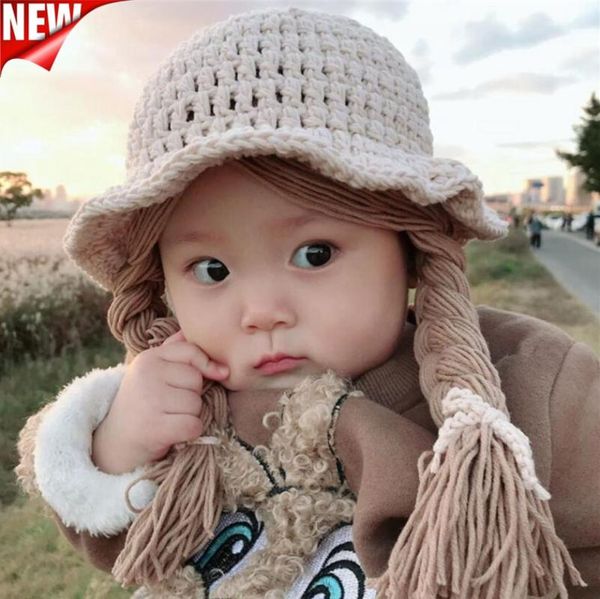 

children knitted hat cute wigs big braids baby princess infant autumn winter toddler braided girl christmas gifts caps & hats, Yellow