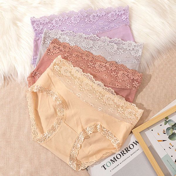 

panties girls' underwear medium waist cotton lace hollow women's comfortable and breathable large size briefs, Black;pink