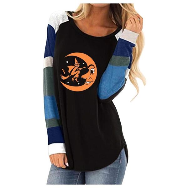 Correndo Jerseys Tops de Verão Base O-pescoço Preto Tees Engraçado Meninas Tshirwomen Casual Halloween Imprimir Colisão Listras Romada Pescoço Manga Longa