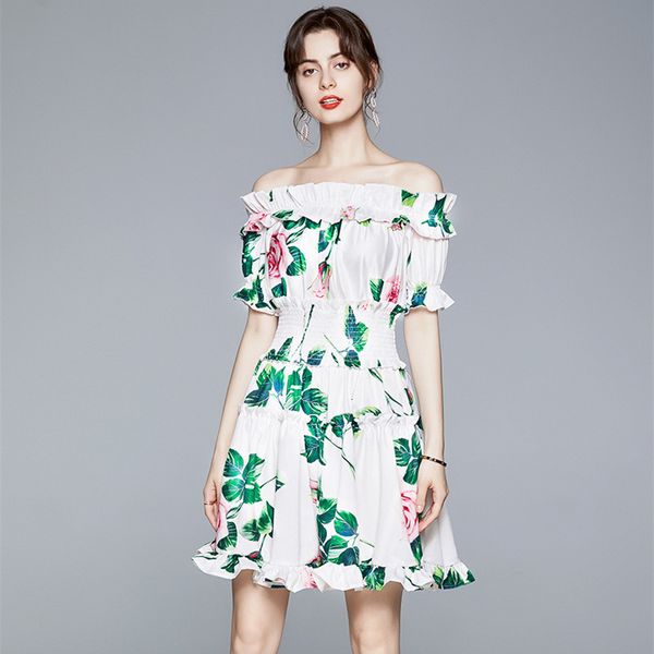 

casual dresses runway pink rose floral women ruffles flower leaves print off shoulder puff sleeve female holiday mini zpmt, Black;gray