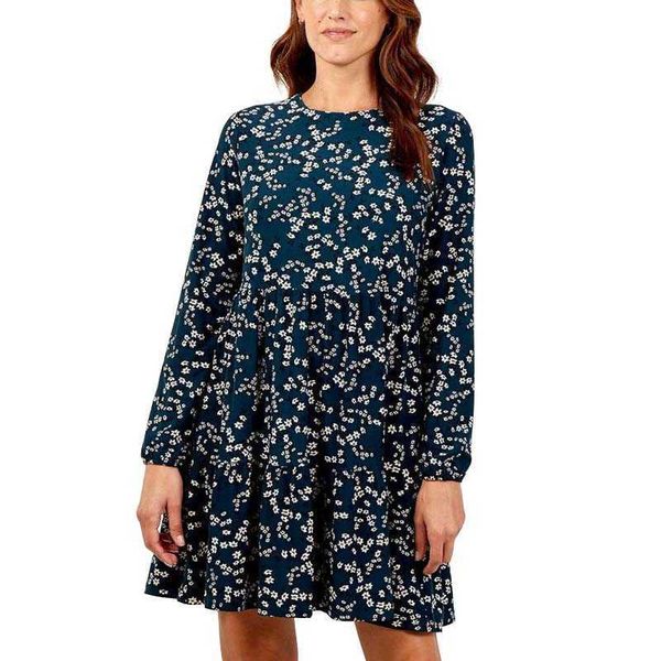 

floral print o neck long sleeve dress women folds ruffle casual loose streetwear boho a line big swing beach holiday dresses 210608, Black;gray
