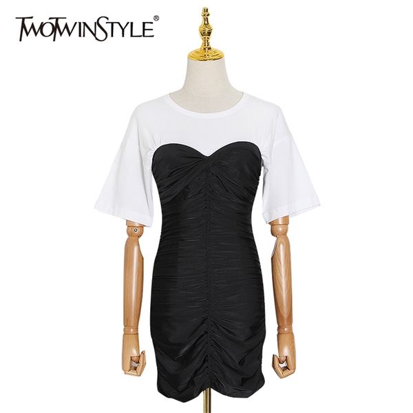 

casual patchwork summer dress women o neck short sleeve tunic ruched hit color mini dresses female 210520, Black;gray
