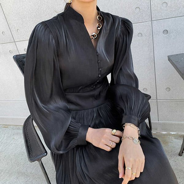 

v neck single-breasted fold glossy lace-up slim high waist lantern sleeve solid a line dresses women 210615, Black;gray