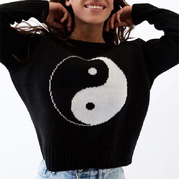 

women's sweaters casual creative yin yang printed sweater color block long sleeve round neck classic style wild autumn female knitted p, White;black