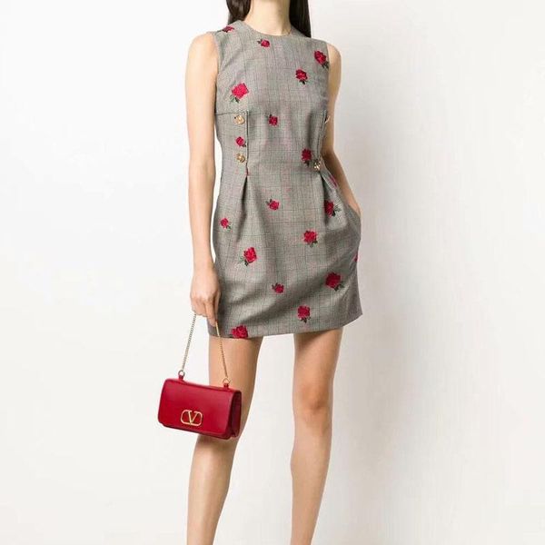 

casual dresses 2021 fall style retro ethnic embroidery flowers plaid base slimming temperament mini dress women's clothing, Black;gray