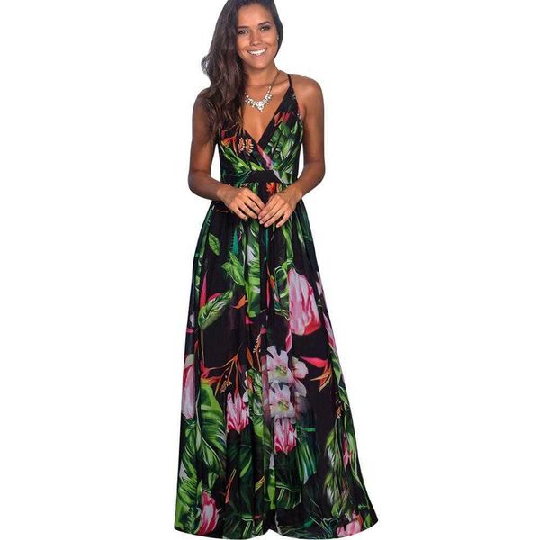 

summer new sleeveless slip dress women's v collar dress floral print sundress dress v-neck leaky back beach skirt y0924, White