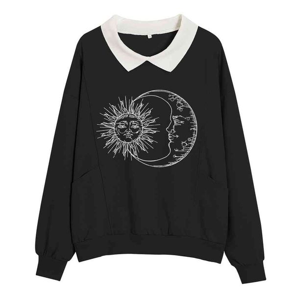 

women hoodie fashion sun and moon cotton turn-down collar sweatshirt oversized s sweatshirts with pocket black streetwear