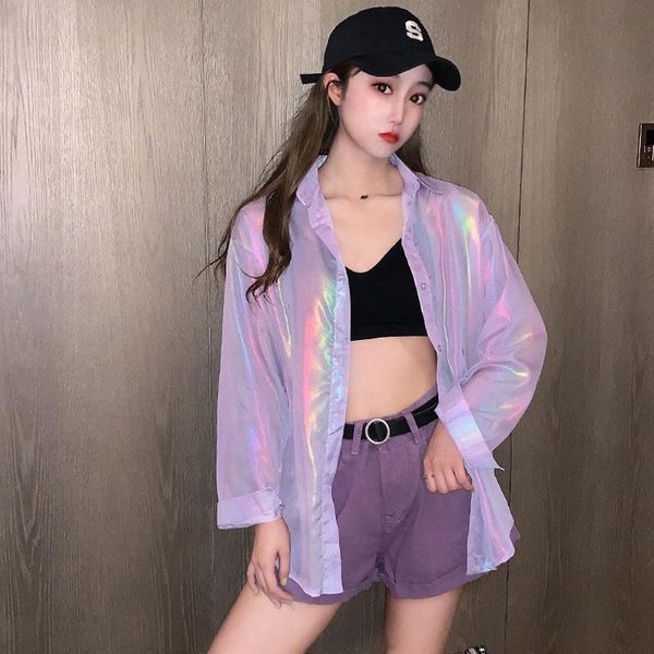 

women's blouses & shirts women summer holographic blouse reflective colorful sun-protective clothing woman fashion oversized plus size, White