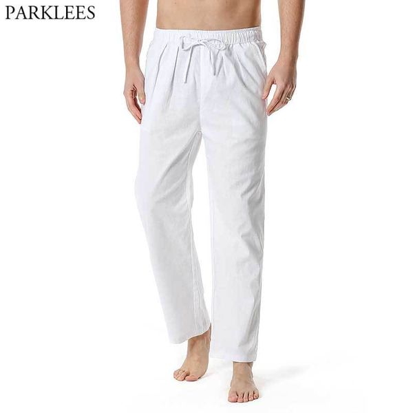 White Mens Algodão Calças de Linho Elastic Cordão Cintura Lounge Calças Homens Casuais Lightweight Yoga Beach Calças Verão 6 Cores 210522