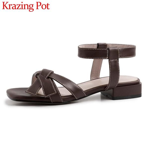 

dress shoes krazing pot genuine leather peep toe med heel cozy bowtie korean street style vintage casual lady party dating sandals women l23, Black