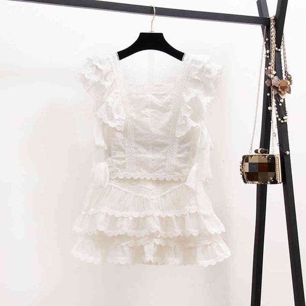 

skirt 2021 summer hollow out embroidered lace set feminine pantsuit frills sleeve + white mini short skirts 2 joint sveu, Black